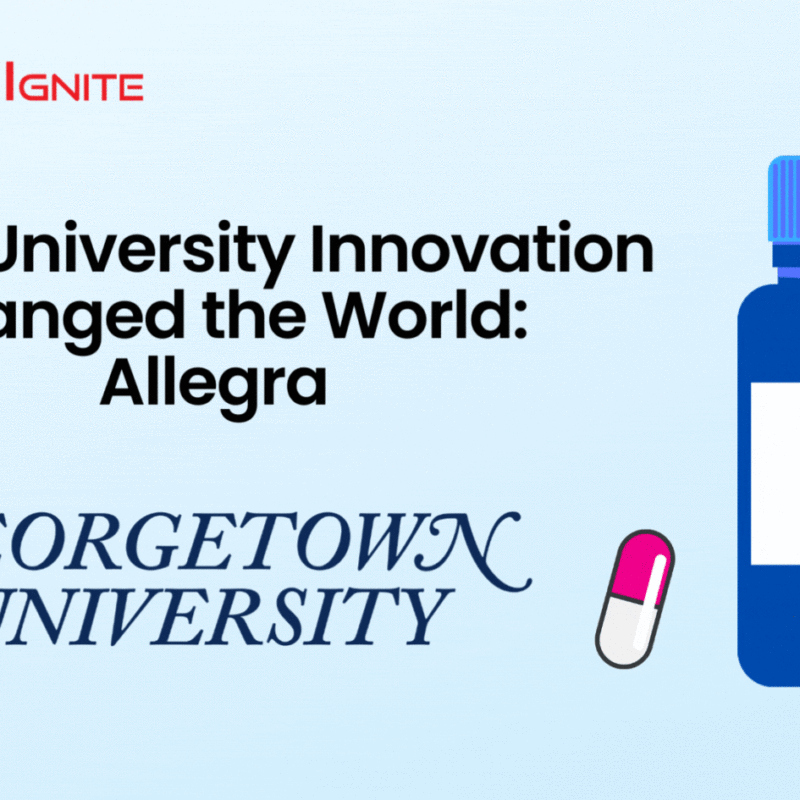 The image is a promotional graphic from FirstIgnite. It features the title "When University Innovation Changed the World: Allegra" along with the Georgetown University logo and name. There is also an illustration of a pill bottle on the right side. The FirstIgnite logo is positioned at the top left corner.