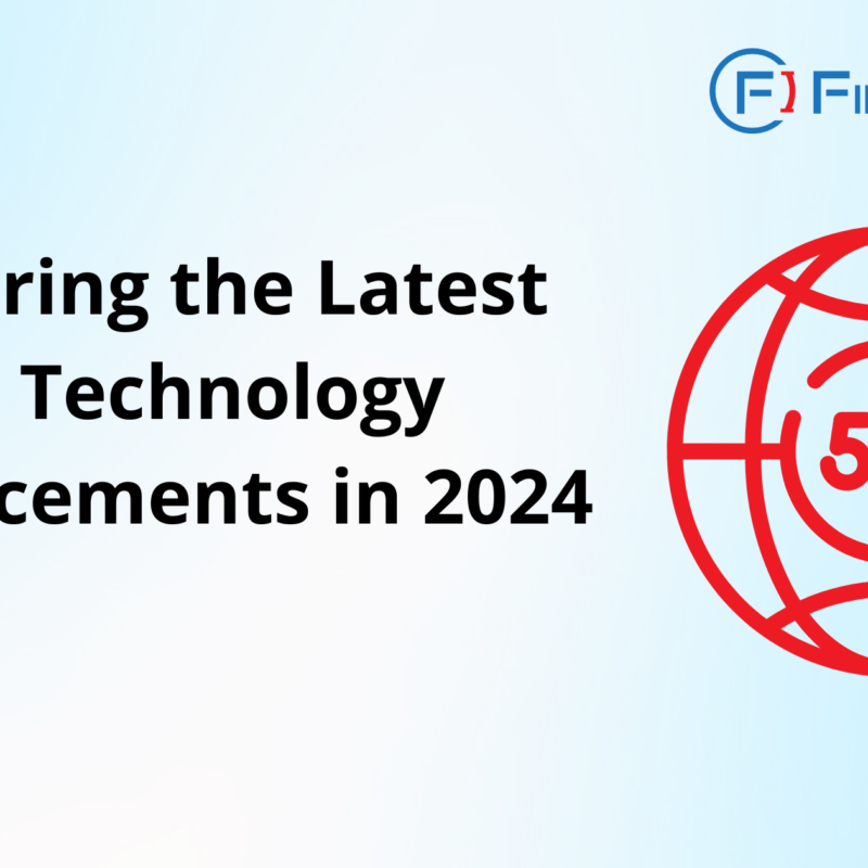 The image is a promotional graphic from FirstIgnite. It features the title "Exploring the Latest 5G Technology Advancements in 2024" in bold black text. On the right side, there's a red globe icon with "5G" in the middle. The FirstIgnite logo is positioned at the top right corner.